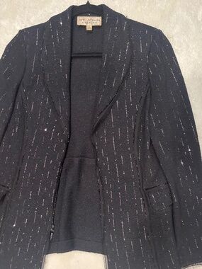 St. John Evening Black Knit Blazer Jacket Metallic Dot Detail Open Front Luxe